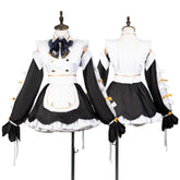 メイド風ドレス 黒×白 エプロンデザイン 袖リボンタイ 長袖ベルスリーブ 花びら型フレアスカート ールドボタン 上品 ガーリー パーティーウェア CGWG146-1