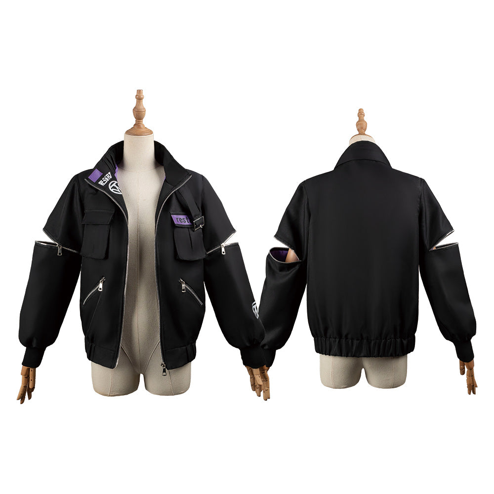 【ボーイッシュ】黒×紫 機能風ジャケット 開閉式袖 カーゴポケット付き ユニセックス かっこいい 春秋 街着 デイリーウェア CG1806WG