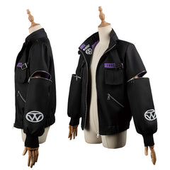 【ボーイッシュ】黒×紫 機能風ジャケット 開閉式袖 カーゴポケット付き ユニセックス かっこいい 春秋 街着 デイリーウェア CG1806WG
