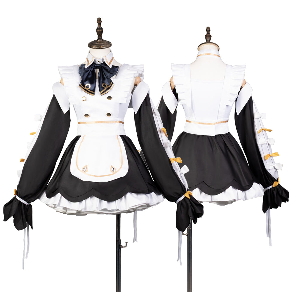 メイド風ドレス 黒×白 エプロンデザイン 袖リボンタイ 長袖ベルスリーブ 花びら型フレアスカート ールドボタン 上品 ガーリー パーティーウェア CGWG146-1