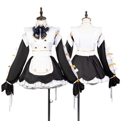 メイド風ドレス 黒×白 エプロンデザイン 袖リボンタイ 長袖ベルスリーブ 花びら型フレアスカート ールドボタン 上品 ガーリー パーティーウェア CGWG146-1