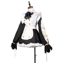 メイド風ドレス 黒×白 エプロンデザイン 袖リボンタイ 長袖ベルスリーブ 花びら型フレアスカート ールドボタン 上品 ガーリー パーティーウェア CGWG146-1