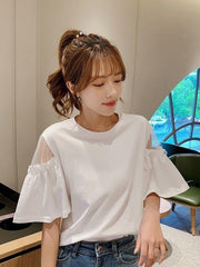 レディース Tシャツ 韓国風デザイン ホワイト 半袖トップス オープンショルダー ゆったりシルエット 個性派デザイン おしゃれ トレンド カジュアル デイリーコーデ 夏人気トップス NY010