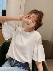 レディース Tシャツ 韓国風デザイン ホワイト 半袖トップス オープンショルダー ゆったりシルエット 個性派デザイン おしゃれ トレンド カジュアル デイリーコーデ 夏人気トップス NY010