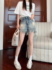 レディース ショートパンツ 夏新作 ダメージデザイン フリンジ加工 Aライン ワイドシルエット ハイウエスト 小柄向け 着痩せ効果 オーバーサイズ 韓国風 セクシーカジュアル おしゃれ デイリー トレンド人気アイテム NY035