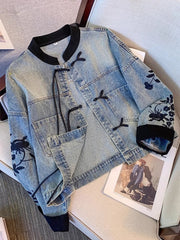 レディース ジャケット 春新作 国風デザイン 盤扣ディテール 立ち襟 刺繍装飾 ショート丈デニムジャケット 上品エレガント 体型カバー ゆったりシルエット カジュアル おしゃれ トレンド人気アウター NY057