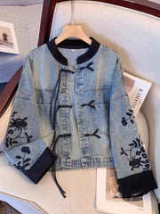 レディース ジャケット 春新作 国風デザイン 盤扣ディテール 立ち襟 刺繍装飾 ショート丈デニムジャケット 上品エレガント 体型カバー ゆったりシルエット カジュアル おしゃれ トレンド人気アウター NY057